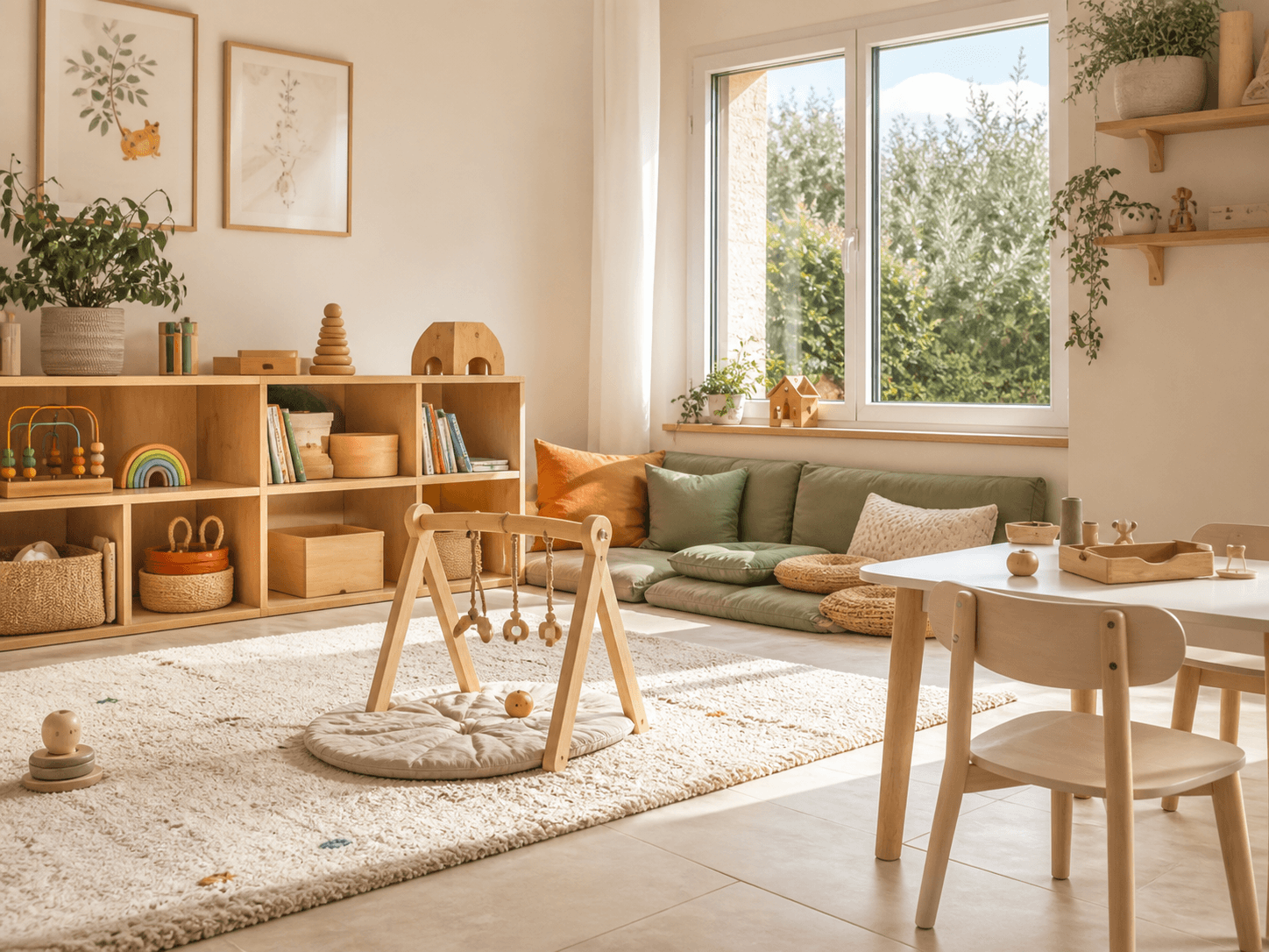 Espace d’accueil lumineux aménagé avec des livres et des jouets en bois